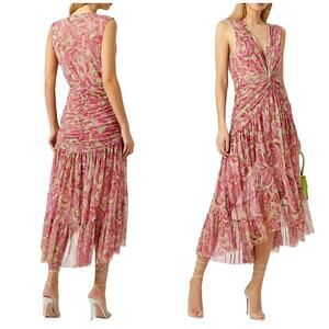 MISA LA Ava Mesh Maxi Dress Vintage Paisley V-Neck Twist Waist Tiered Pink Small
